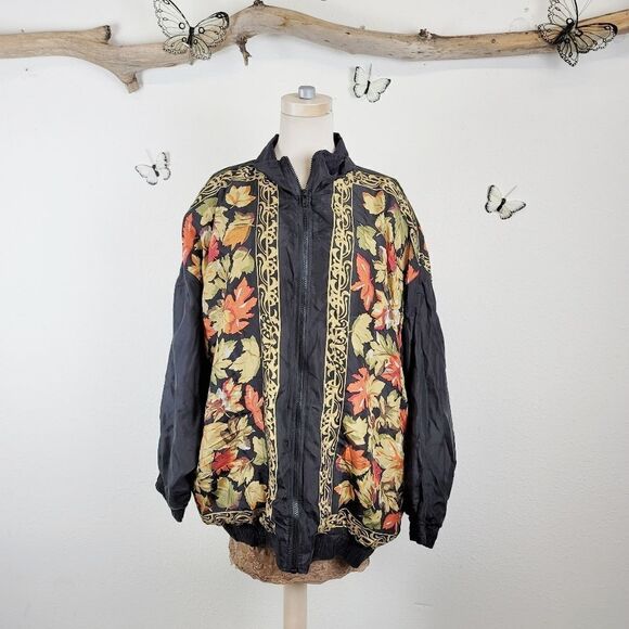 Vintage silk zip up bomber jacket foliage print - Picture 1 of 8